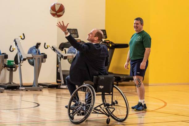 Britain's Prince William Duke of Cambridge tries playing wheelchair basketball during his visit to the Defence Medical Rehabilitation Centre in...