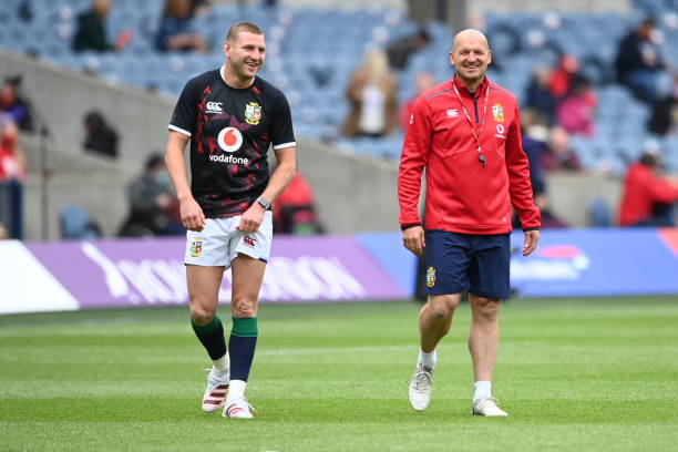 EDINBURGH, SCOTLAND - JUNE 26: British & Irish Lions' Finn Russell (left) alongside coach Gregor Townsend ahead of kick off during an International Match between the British & Irish Lions and Japan at BT Murrayfield, on June 26, 2021, in Edinburgh, Scotland. (Photo by Paul Devlin/SNS Group via Getty Images)