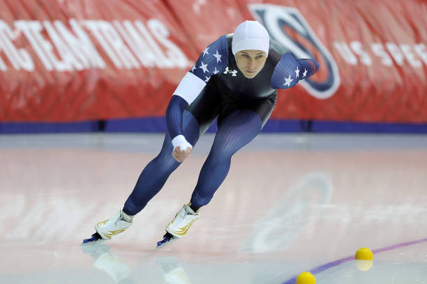 Brittany Bowe competes in the Women's 1500 meter event during the 2022 U.S. Speedskating Long Track Olympic Trials at Pettit National Ice Center on...