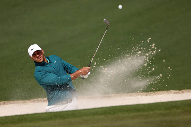 Brooks Koepka plays his shot from the bunker on the second hole during the second round of The Masters at Augusta National Golf Club on April 08,...