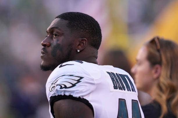 Brown of the Philadelphia Eagles looks on against the New York Jets prior to the start of the preseason game at Lincoln Financial Field on August 12,...
