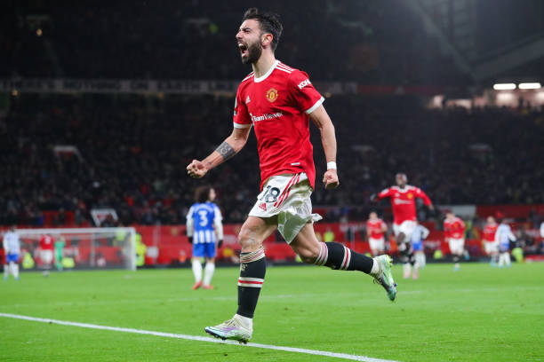 Bruno Fernandes of Manchester United celebrates after scoring his side's second goal during the Premier League match between Manchester United and...