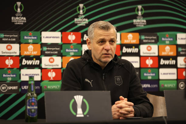 Bruno Genesio, manager of Stade Rennes pictured during a press conference after the UEFA Conference League Round of 16 Leg One match between...