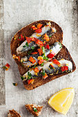 Bruschetta and small sandwiches with sardine,Toasted Bread,Snack or appetizer,sardine, Sandwich,food