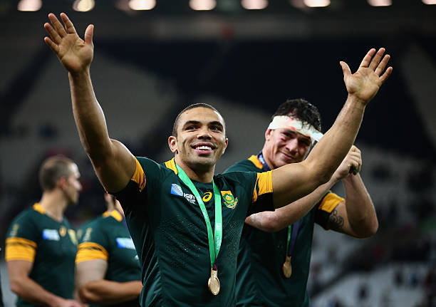 LONDON, ENGLAND - OCTOBER 30: Bryan Habana of South Africa and team mates salute the crowd after victory in the 2015 Rugby World Cup Bronze Final match between South Africa and Argentina at the Olympic Stadium on October 30, 2015 in London, United Kingdom. (Photo by Paul Gilham/Getty Images)