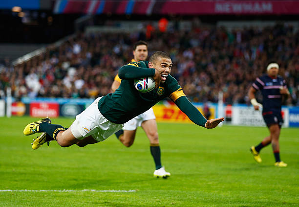 LONDON, ENGLAND - OCTOBER 07: Bryan Habana of South Africa goes over to score his second try and South Africa's sixth during the 2015 Rugby World Cup Pool B match between South Africa and USA at the Olympic Stadium on October 7, 2015 in London, United Kingdom. (Photo by Shaun Botterill/Getty Images)