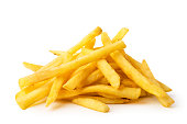 A bunch of fried French fries on a white background, close-up.