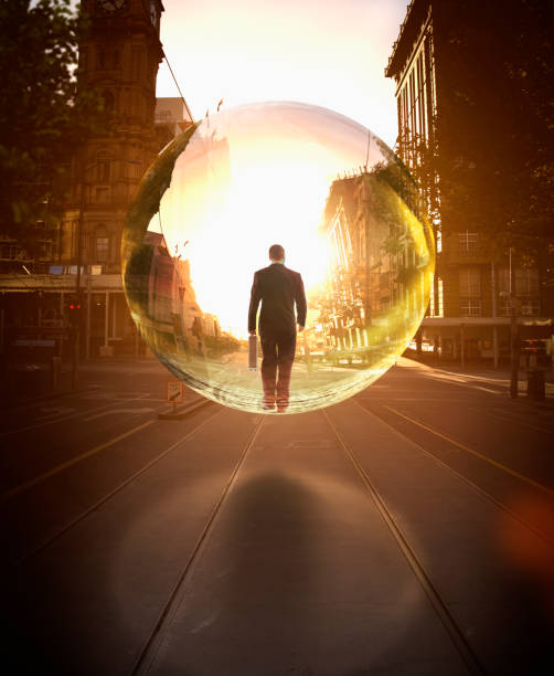 Businessman in bubble walking on city street