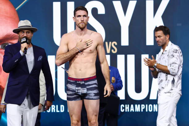Callum Smith weighs in during the Weigh-In for Oleksandr Usyk v Anthony Joshua Rage on the Red Sea event at King Abdullah Sports City Arena on August...