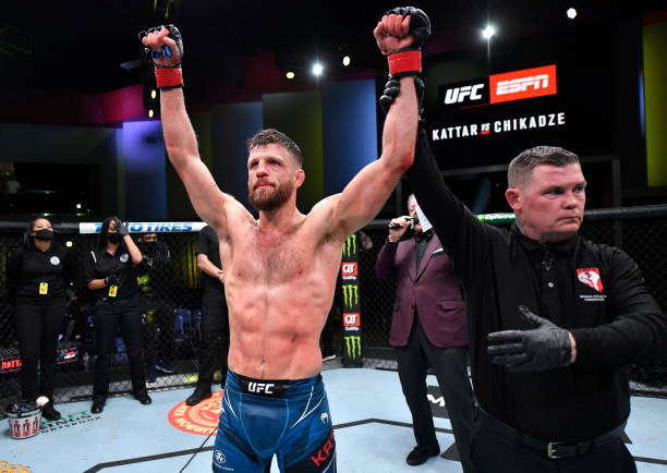 Calvin Kattar reacts after his victory over Giga Chikadze of Georgia in their featherweight fight during the UFC Fight Night event at UFC APEX on...