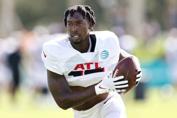 Calvin Ridley of the Atlanta Falcons runs with the ball during joint practice with the Miami Dolphins at Baptist Health Training Complex on August...