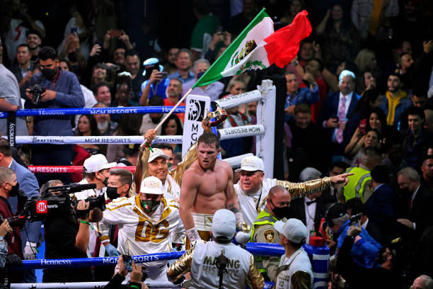 Canelo Alvarez celebrates his 11th round technical knock out win against Caleb Plant after their championship bout for Alvarez's WBC, WBO and WBA...