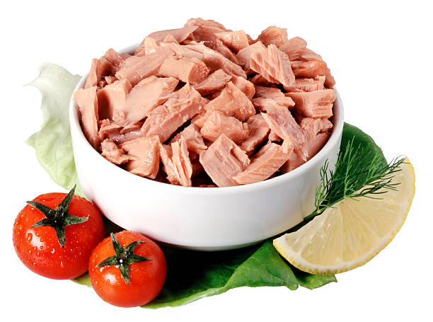 canned tuna chunks in a bowl garnished with tomatoes - tinned tuna stock pictures, royalty-free photos & images