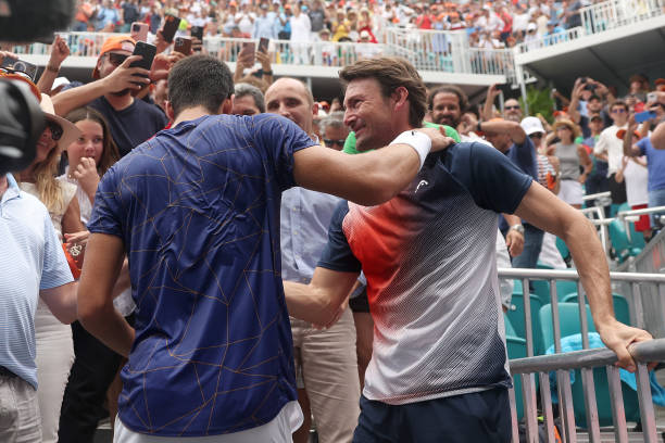 Carlos Alcaraz of Spain celebrates with Juan Carlos Ferrero after defeating Casper Ruud of Norway during the men's final of the Miami Open at Hard...