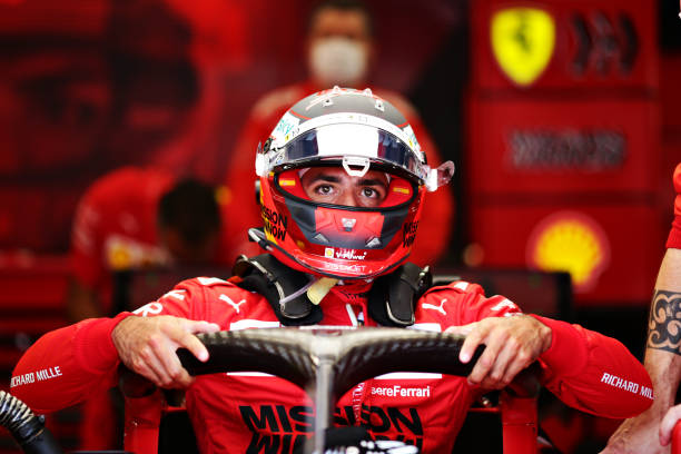Carlos Sainz of Spain and Ferrari prepares to drive in the garage before the F1 Grand Prix of Brazil at Autodromo Jose Carlos Pace on November 14,...