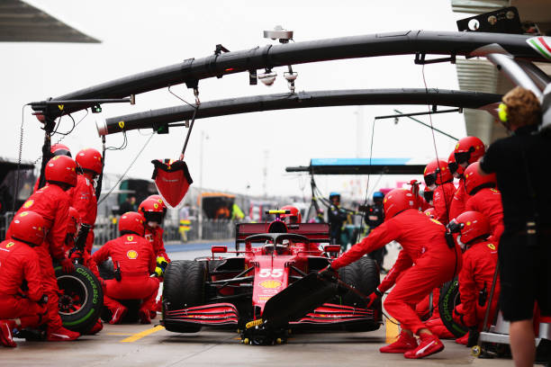Carlos Sainz of Spain driving the Scuderia Ferrari SF21 makes a pitstop during the F1 Grand Prix of Turkey at Intercity Istanbul Park on October 10,...