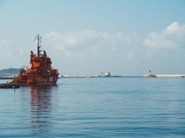 Cartagena, Spain - 08/14/2019: a ship of &quot;Salvamento Marítimo&quot; which in English means &quot;Security and Maritime Rescue&quot; leaves the port of Cartagena to the Mediterranean Sea