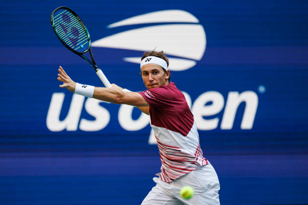 Casper Ruud of Norway hits a forehand against Karen Kachanov of Russia in the semi-finals of the men's singles at the US Open at the USTA Billie Jean...