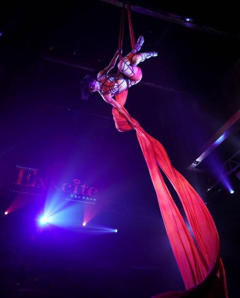 Cast member Svetlana Ghetman performs an aerial silk routine during a media preview of "Exxcite The Show" at Larry Flynt's Hustler Club on July 21,...