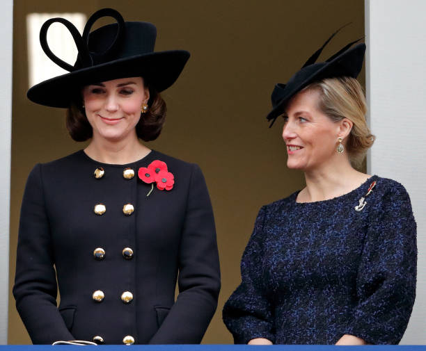 Catherine Duchess of Cambridge and Sophie Countess of Wessex attend the annual Remembrance Sunday Service at The Cenotaph on November 12 2017 in...