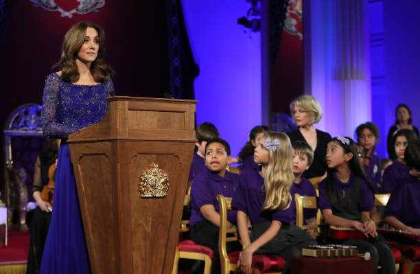 Catherine Duchess of Cambridge makes a speech as she hosts a Gala Dinner in celebration of the 25th anniversary of Place2Be at Buckingham Palace on...