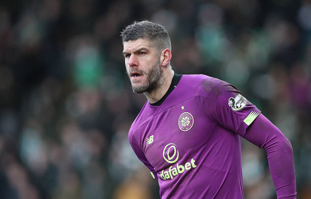 Celtic goalkeeper Fraser Forster looks on during the Scottish Cup Quarter final match between St Johnstone and Celtic at McDiarmid Park on March 01...