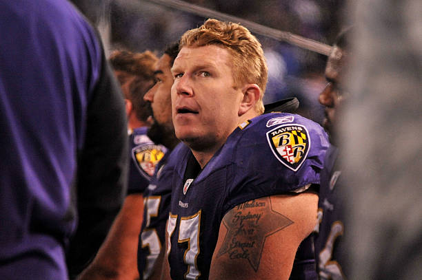 Center Matt Birk of the Baltimore Ravens looks on from the sidelines during the third quarter of the game against the Pittsburgh Steelers at M&T Bank...