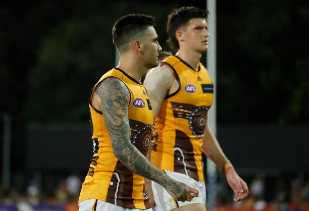 Chad Wingard of the Hawks looks dejected after a loss during the 2022 AFL Round 11 match between the Gold Coast Suns and the Hawthorn Hawks at TIO...