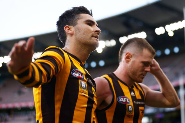 Chad Wingard of the Hawks thanks fans as he leaves the field after the round nine AFL match between the Hawthorn Hawks and the Richmond Tigers at...