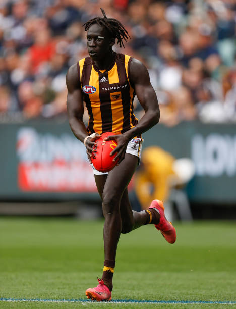 Changkuoth Jiath of the Hawks in action during the 2022 AFL Round 03 match between the Carlton Blues and the Hawthorn Hawks at the Melbourne Cricket...