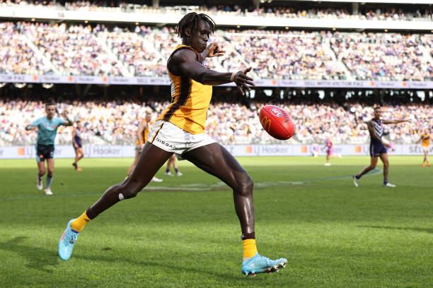 Changkuoth Jiath of the Hawks in action during the round 13 AFL match between the Fremantle Dockers and the Hawthorn Hawks at Optus Stadium on June...