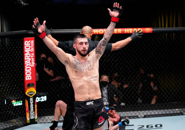 Charles Jourdain of Canada reacts after his victory over Marcelo Rojo of Argentina in a featherweight fight during the UFC Fight Night event at UFC...