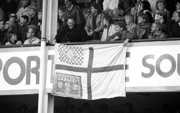 Chelsea fans fly the flag during the Division 1 match between Southampton and Chelsea at The Dell on March 22, 1986 in Southampton,England.