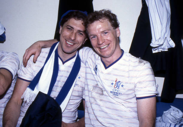 Chelsea goalscorers Colin Lee and David Speedie celebrate victory in the dressing room after the Full Members Cup Final between Manchester City and...