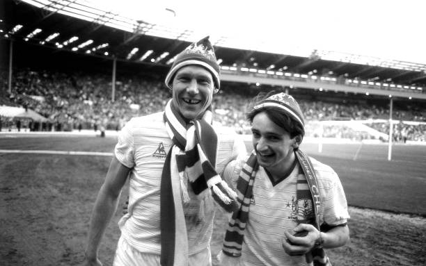 Chelsea players Doug Rougvie and Pat Nevin celebrate victory after the Full Members Cup Final between Chelsea and Manchester City held on March 23,...