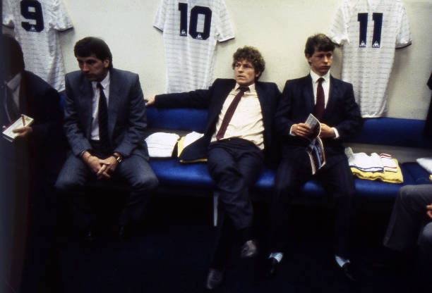 Chelsea players Micky Hazard and Kevin McAllister in the dressing room prior to the Full Members Cup Final between Chelsea and Manchester City held...