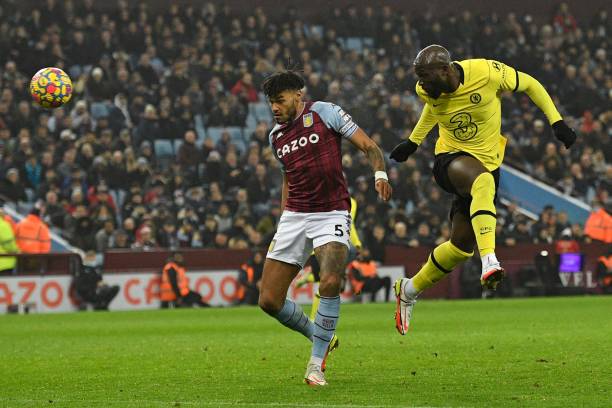 Chelsea's Belgian striker Romelu Lukaku heads past Aston Villa's English defender Tyrone Mings for Chelsea's second goal during the English Premier...