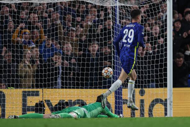 Chelsea's German midfielder Kai Havertz celebrates after scoring a goal past Real Madrid's Belgian goalkeeper Thibaut Courtois during the UEFA...