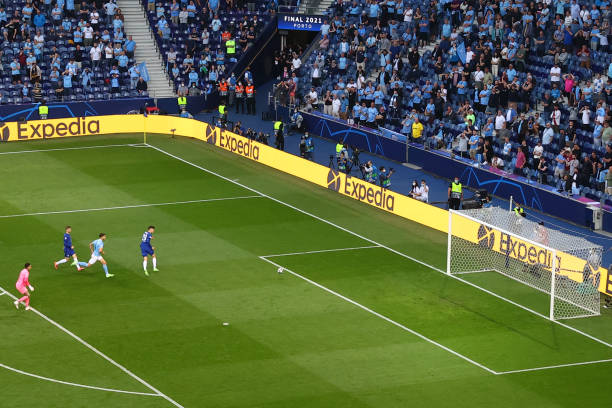 Chelsea's German midfielder Kai Havertz opens the scoring during the UEFA Champions League final football match between Manchester City and Chelsea...