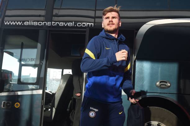 Chelsea's German striker Timo Werner leaves the bus ahead of the English FA cup quarter-final football match between Middlesbrough and Chelsea at the...