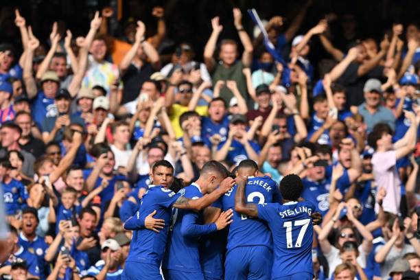 Chelsea's Senegalese defender Kalidou Koulibaly celebrates with teammates after scoring the opening goal of the English Premier League football match...