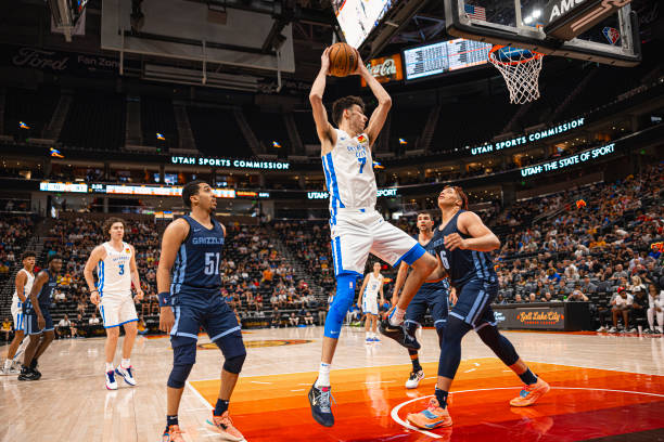 Chet Holmgren of the Oklahoma City Thunder grabs the rebound against the Memphis Grizzlies during the 2022 Salt Lake City Summer League on July 6,...