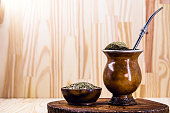 Chimarrão, or mate, is a characteristic drink of the culture of southern South America. mate bowl with mate herb, pump and accessories for preparing mate herb. Space for text.