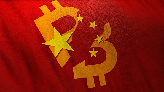 Chinese Flag Symbols with Bitcoin Symbol Depicting Ban of Cryptomining and use of Cryptocurrency in China