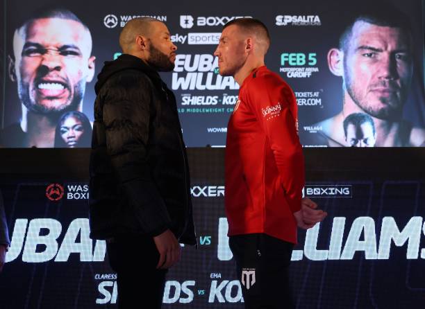 Chris Eubank Jr. Faces off with Liam Williams during a press conference held at Cardiff City Hall to promote the forth coming BOXXER fight night, on...