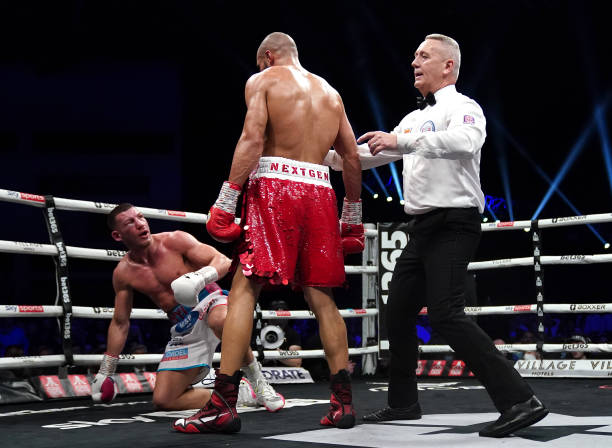 Chris Eubank Jr knocks down Liam Williams in the eleventh round of the middleweight contest at the Motorpoint Arena Cardiff. Picture date: Saturday...