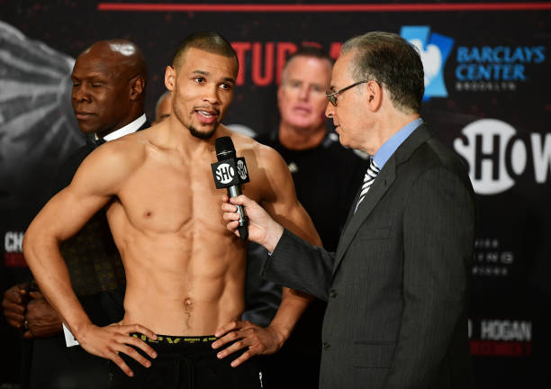 Chris Eubank Jr. Of the UK addresses the media during his weigh-in for his middleweight fight against Matt Korobov of Russia at The Tillary Hotel on...