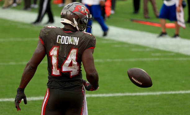 Chris Godwin of the Tampa Bay Buccaneers celebrates a touchdown during a game against the Atlanta Falcons at Raymond James Stadium on January 03,...