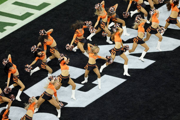 Cincinnati Bengals cheerleaders perform in the end zone during Super Bowl LVI against the Los Angeles Rams at SoFi Stadium on February 13, 2022 in...