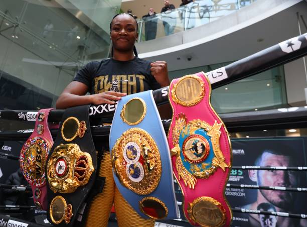Claressa Shields of the USA posses with her Boxing belts ahead of the BOXXER Media Work Out ahead of his forthcoming fight with Slovenia's Ema Kozin,...